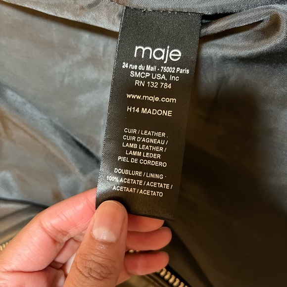 Chocolate brown Maje lambskin leather structured moto jacket - Picture 3 of 5